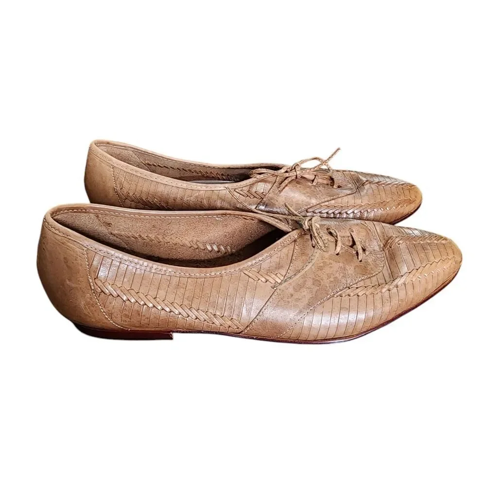 Bruno Valenti Vintage Tan Woven Leather Lace Up Loafer Flats 8.5B